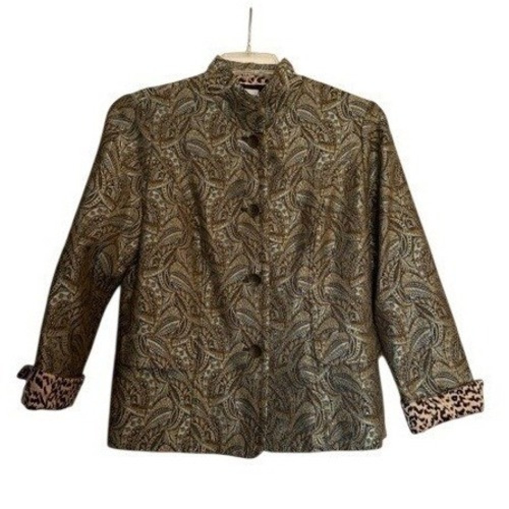 Chicos‎ Aura Soren Womens 1 M Metallic Jacquard Jacket Paisley Leopard Trim